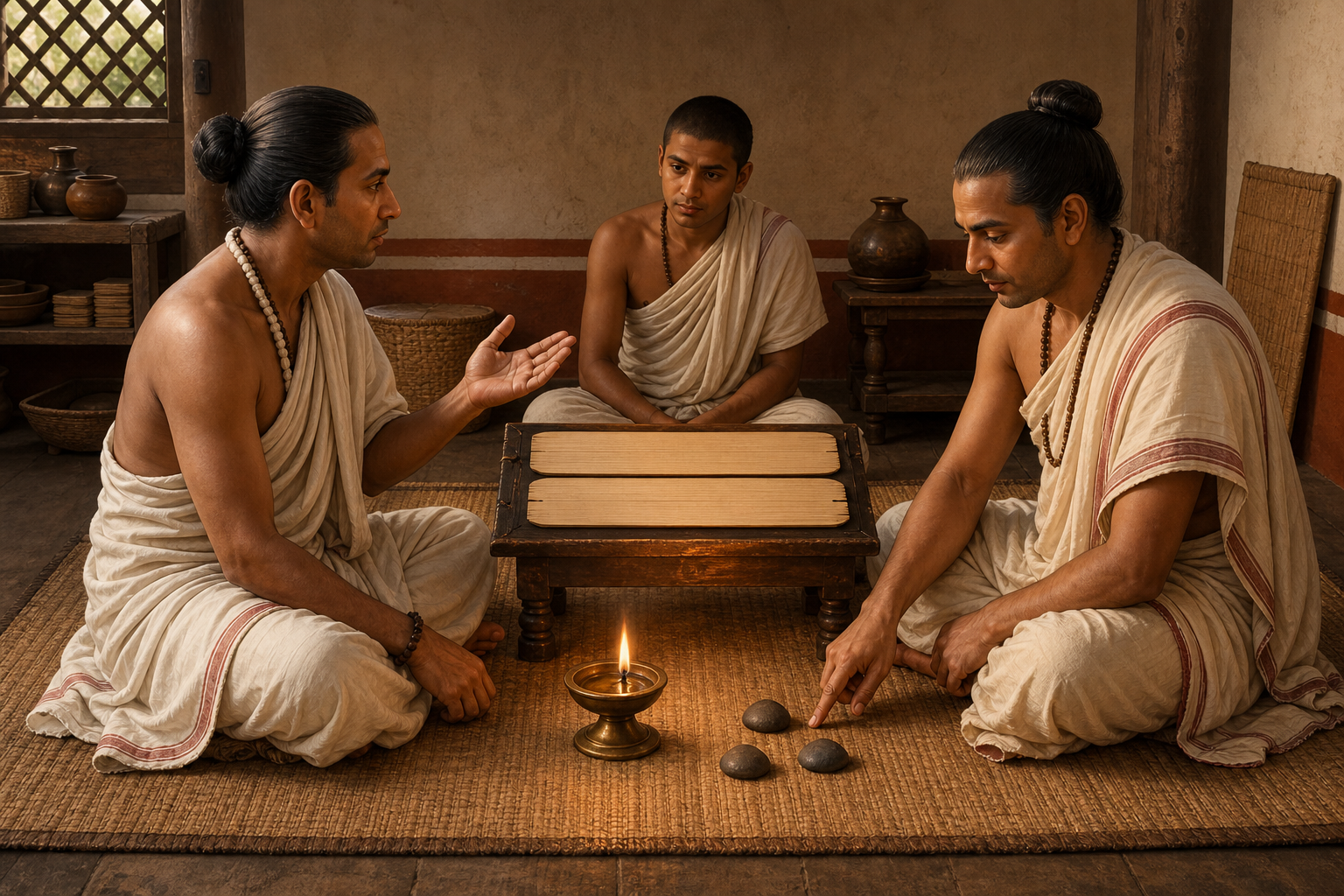 Two premodern Indian scholars exchange questioning and explanatory gestures across a manuscript stand while a student observes.