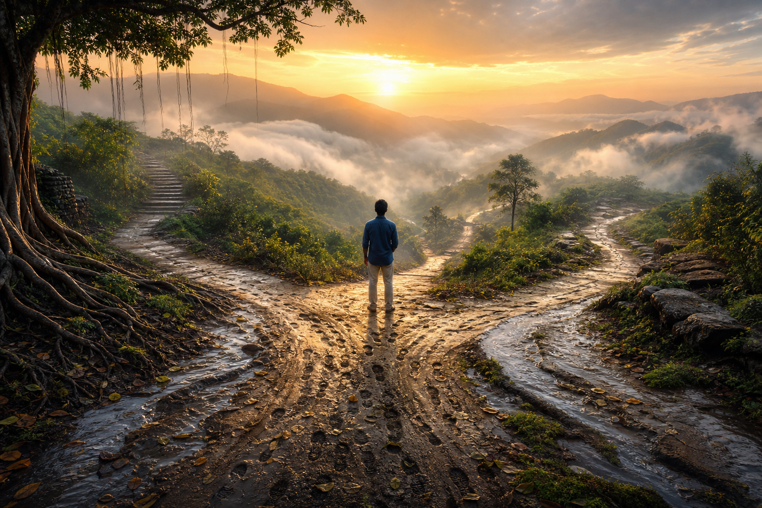 A contemplative person stands where several mountain paths diverge, with converging footprints and streams behind them and misty routes ahead at dawn.