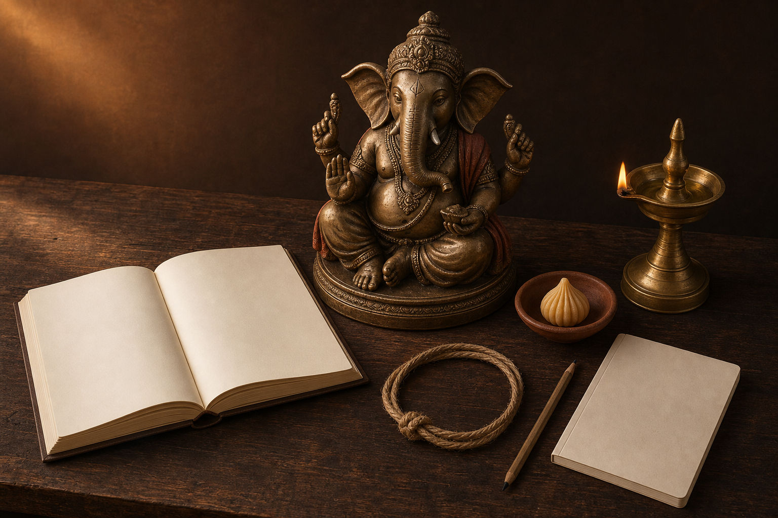 A bronze Ganesha figure is arranged with an open book, notebook, pencil, knotted cord, modaka, and lit oil lamp on a wooden table.