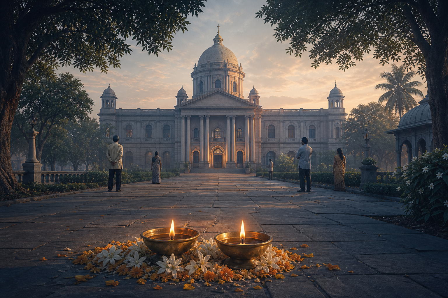 Two brass oil lamps and flowers stand before an Indian district courthouse at dawn while several people wait quietly along the walkway.
