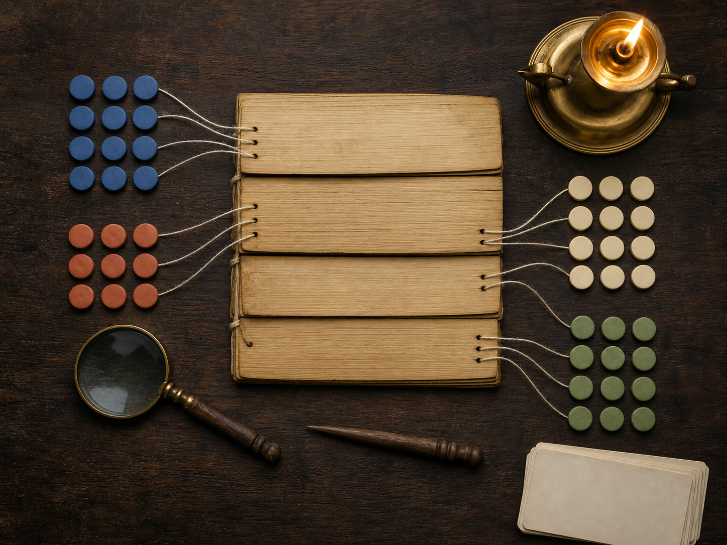 An overhead study desk holds blank palm-leaf folios, grouped colored tokens, connecting threads, a magnifying lens, and a brass lamp.
