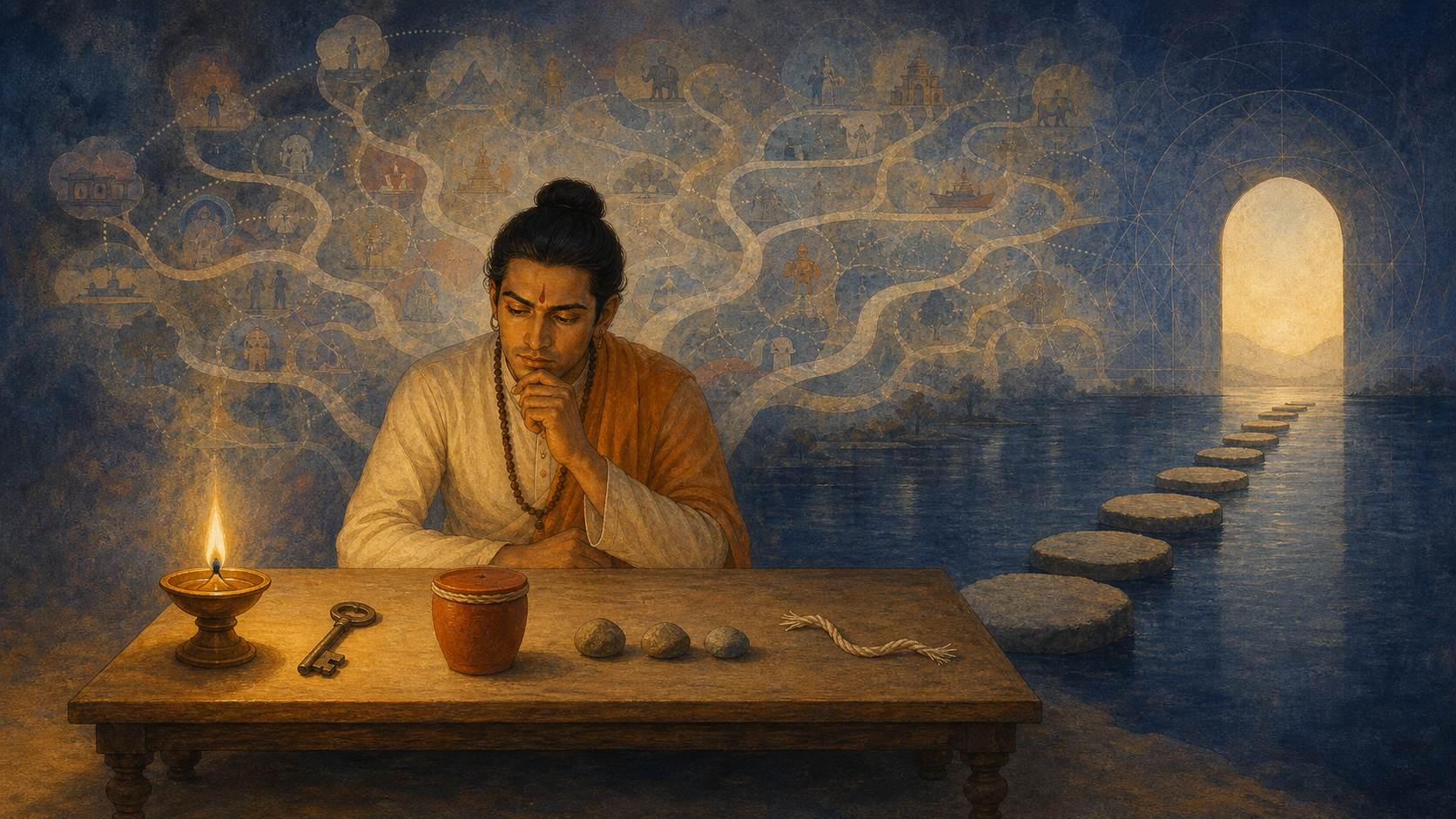 An illustrated scholar studies a few objects by lamplight as many translucent paths branch behind a single line of stepping stones.