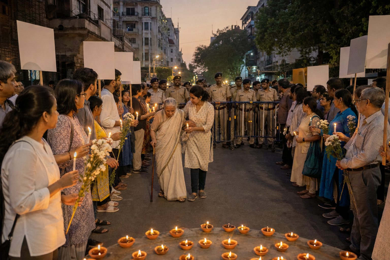 Volunteers maintain a clear passage at a peaceful Kolkata candlelight protest while demonstrators stand behind them with blank placards.