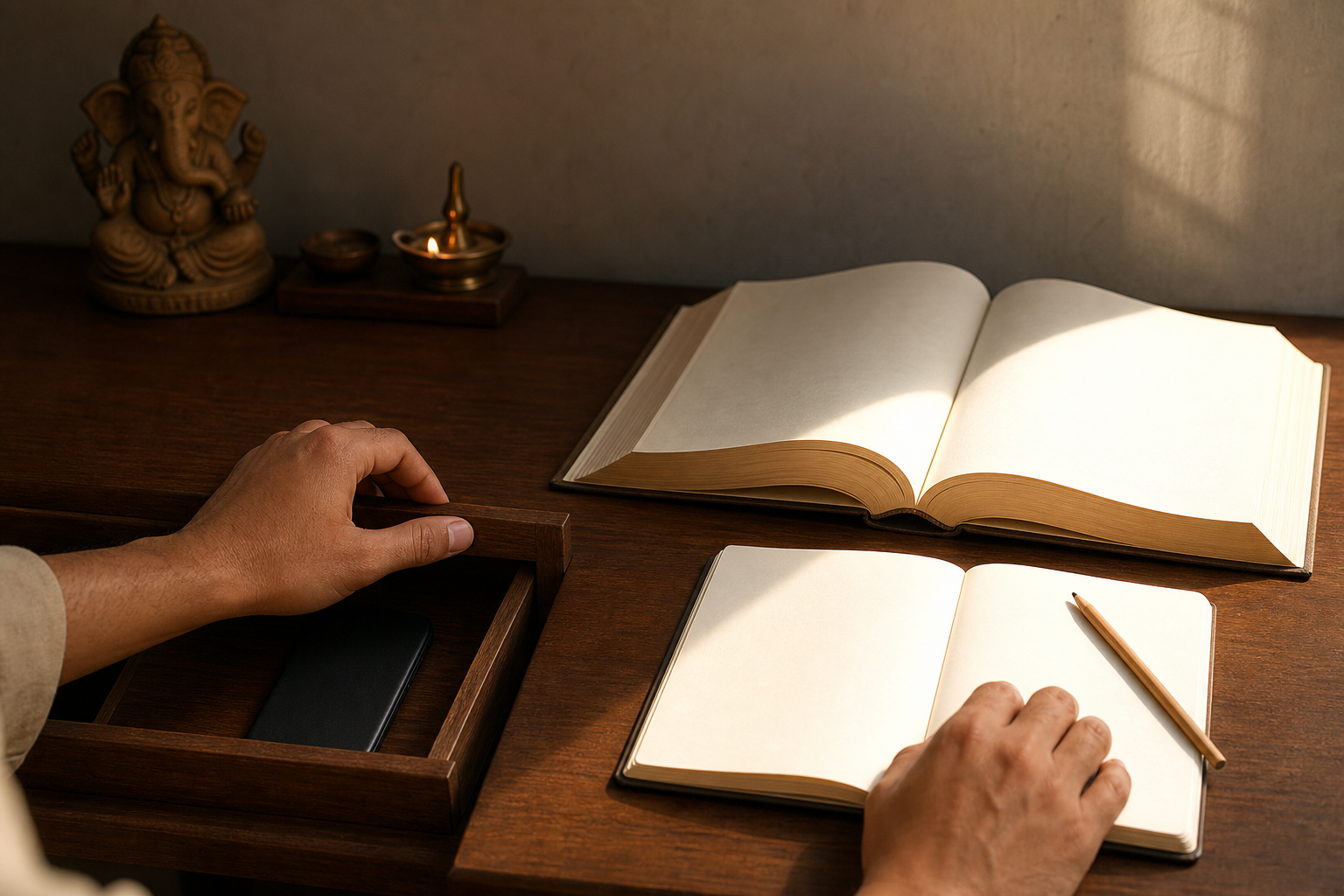 A learner closes a drawer containing a face-down phone beside an open book, notebook, pencil, small Ganesha figure, and oil lamp.