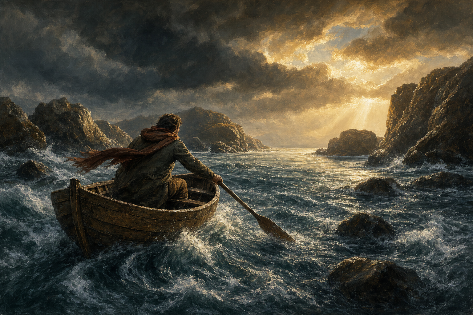 A lone traveler steers a small wooden boat through a strong river current toward a clear passage between rocks.