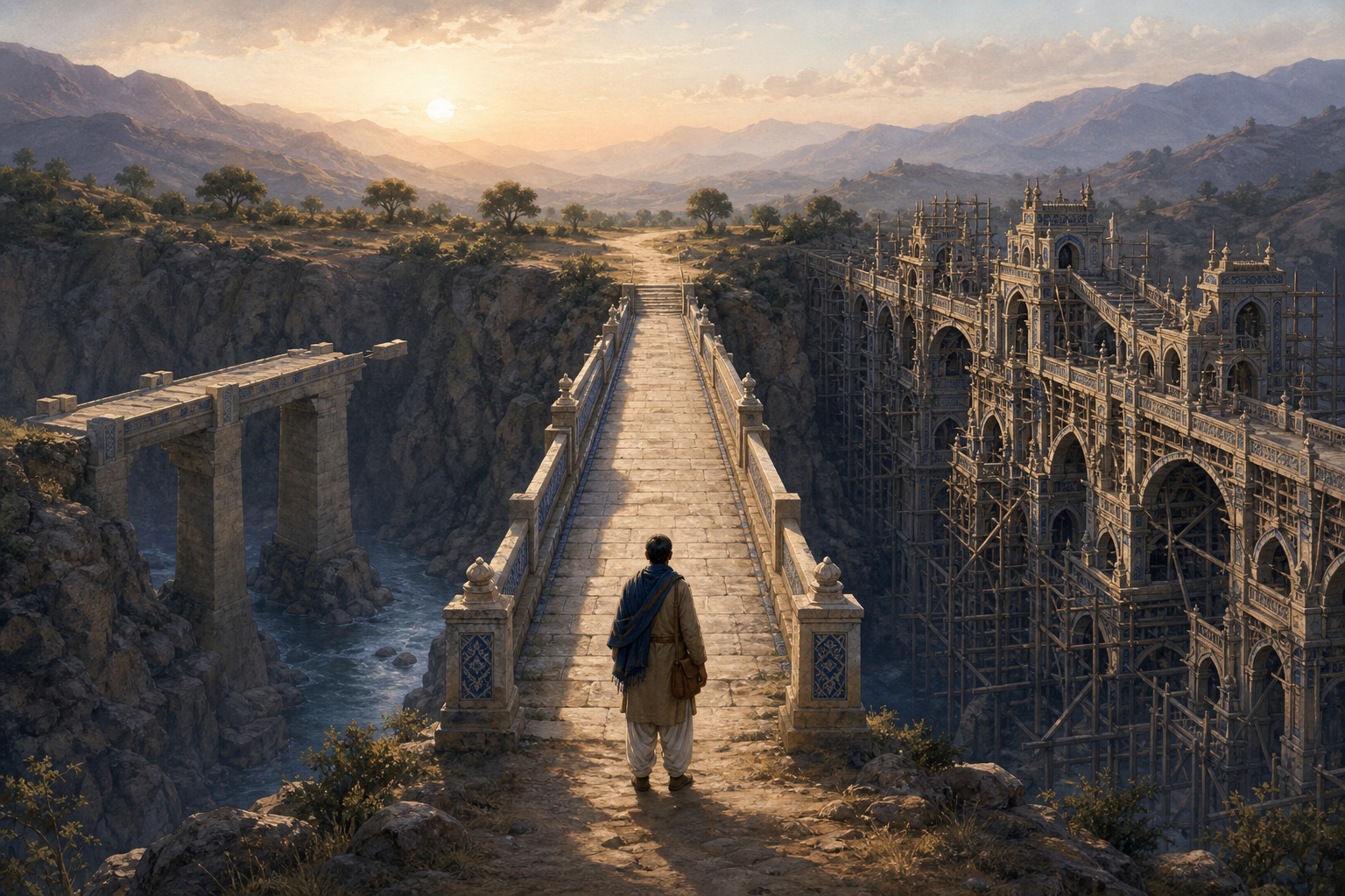 Three bridges cross a ravine: one ends too soon, one reaches the far bank with necessary supports, and one is crowded with redundant scaffolding.