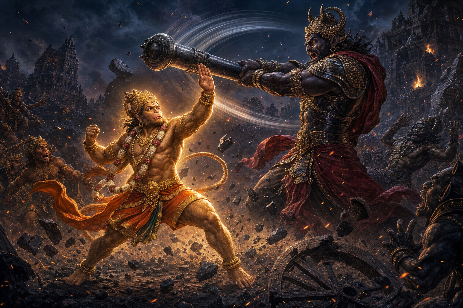 Nikumbha swings a massive iron parigha at Hanuman during the battle outside Lanka.