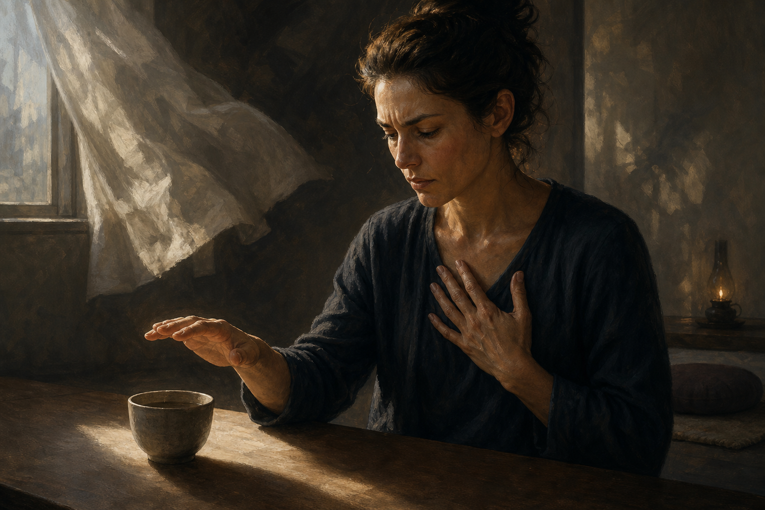 A seated person pauses with one hand above a cup and the other on their chest while morning light crosses the table.