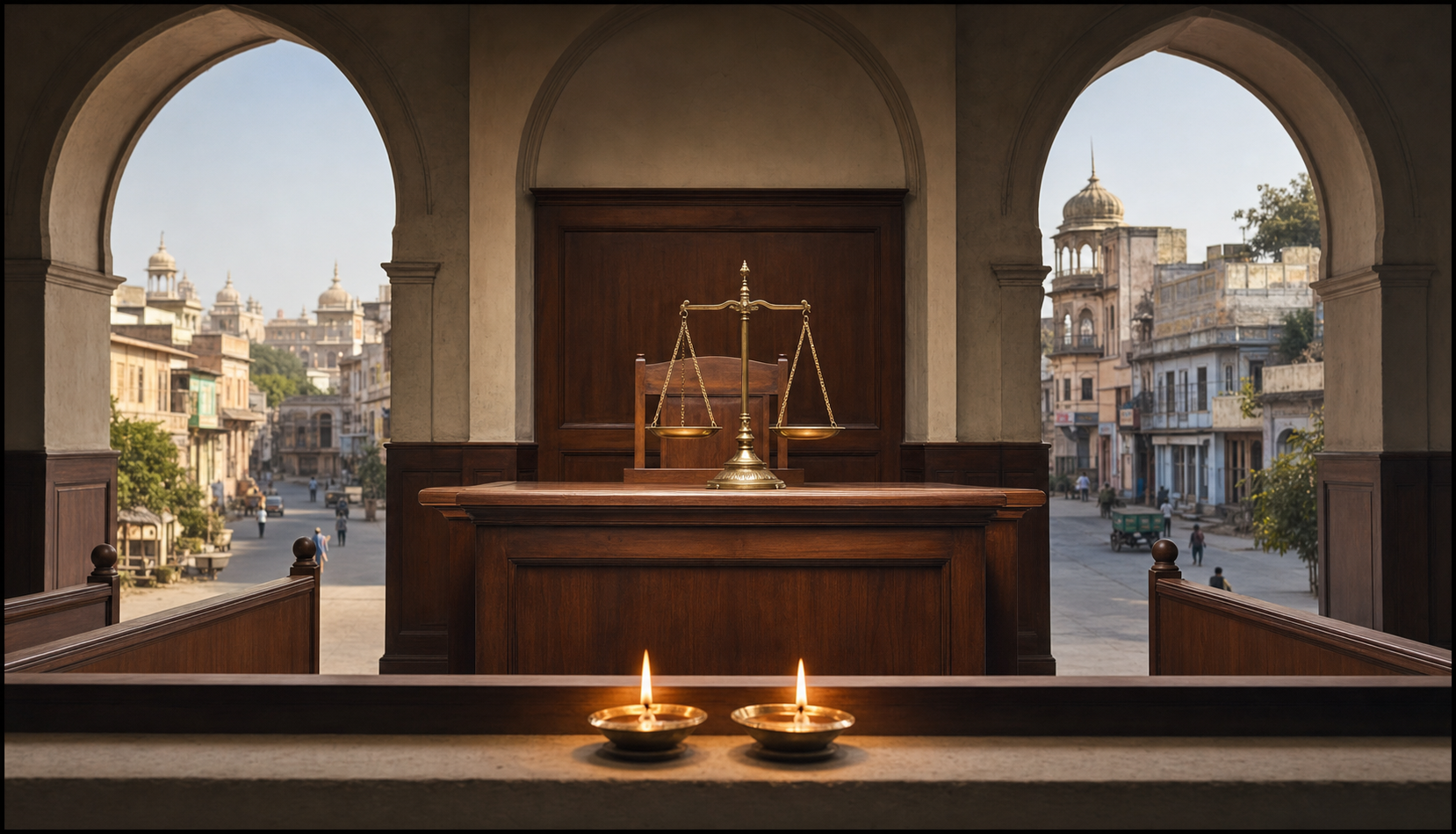 An empty courtroom contains a balanced brass scale and two small memorial lamps, with a town street visible through shadowed arches.