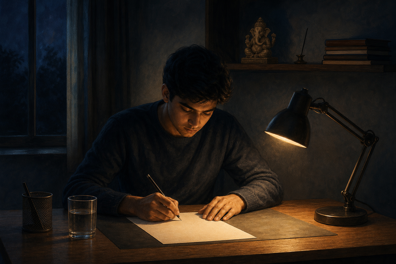 A student writes from memory at a lamp-lit desk while closed books remain stacked beyond reach and a small Ganesha figure sits on a shelf.