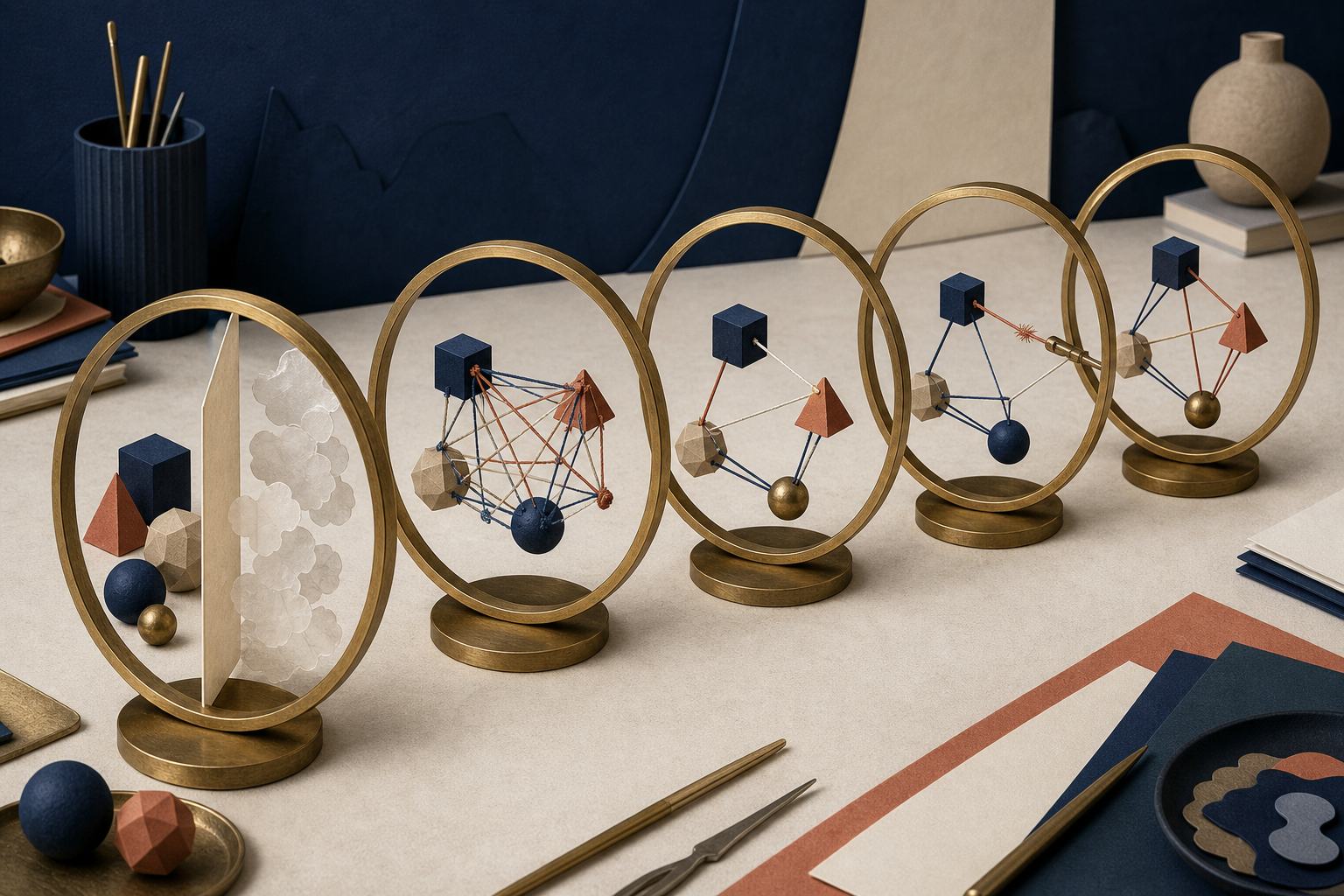 Five brass frames progressively separate cloudy shapes and tangled threads from a compact arrangement of solid objects on a table.