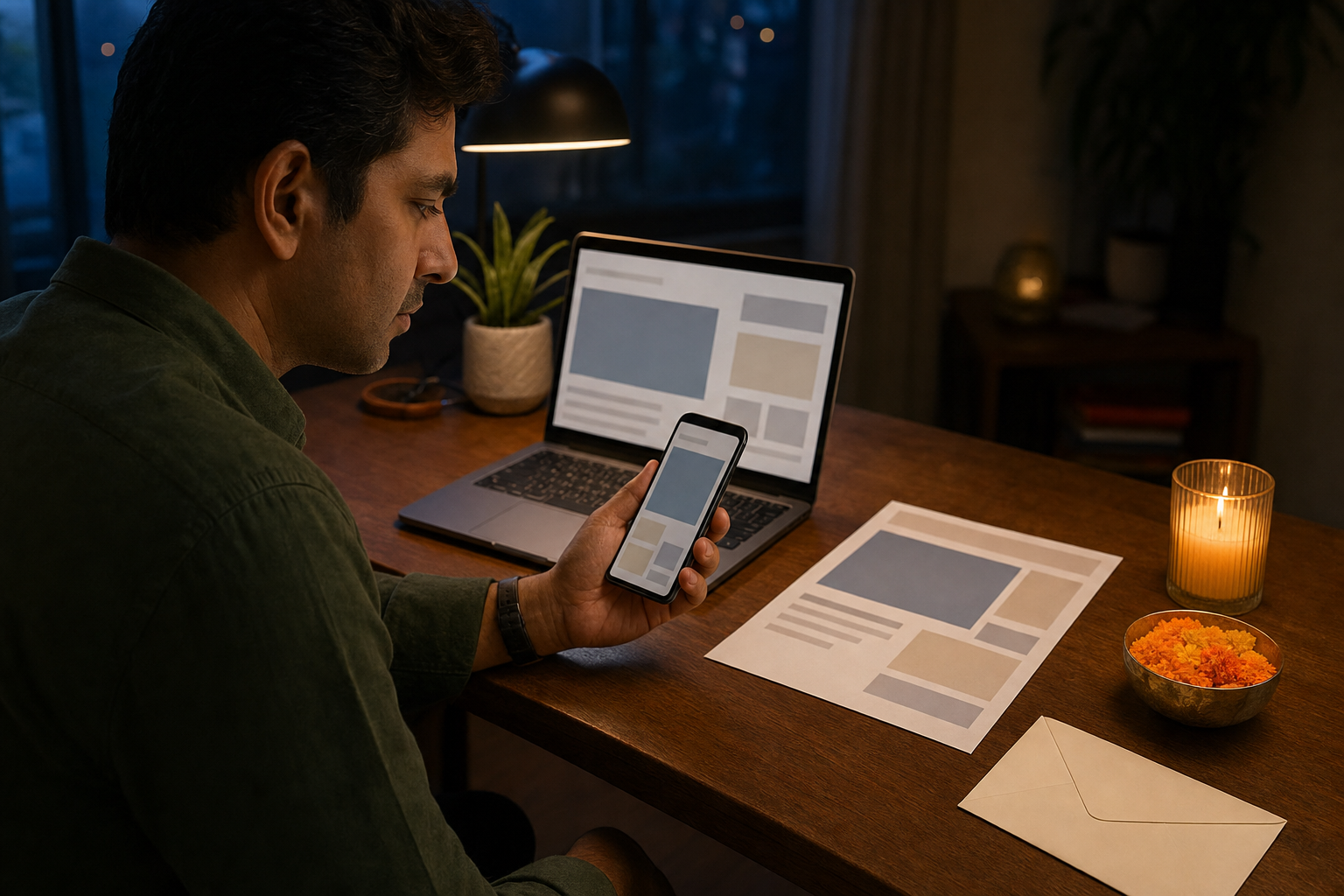 A person compares information across a phone, laptop and printed page before sharing it online, with a candle and marigolds nearby.