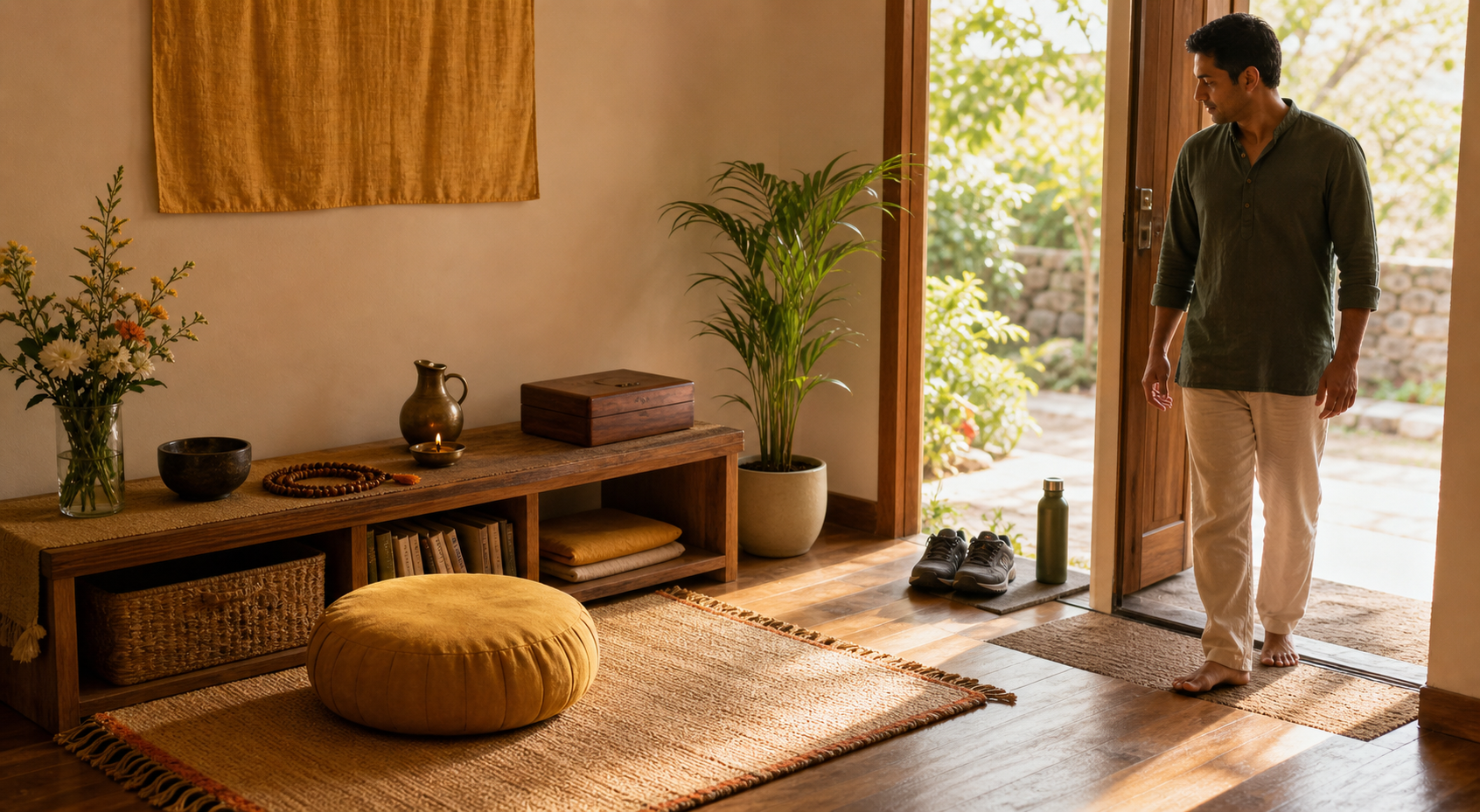 A sunlit room contains a meditation cushion, prayer beads, an oil lamp, fresh flowers, and neatly prepared everyday items as a person enters.