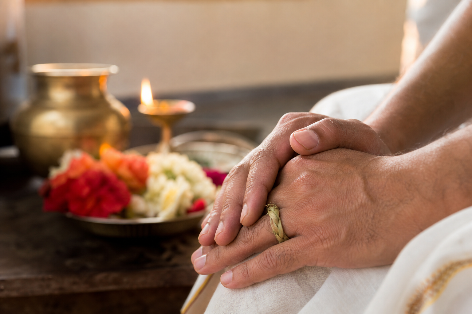 An adult devotee wears a small woven grass ring on the right ring finger beside a brass vessel, flowers, and an oil lamp prepared for worship.