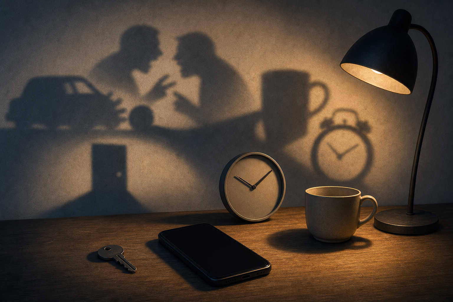 A blank-screen phone, cup, key, and unnumbered clock cast several different scene-like shadows on a wall.