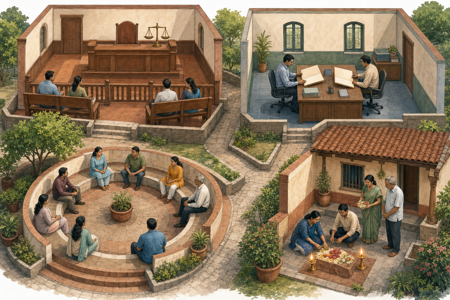 Four connected civic and domestic spaces show an empty courtroom, officials reviewing folders, residents in a discussion circle, and a family courtyard with two lamps and flowers.