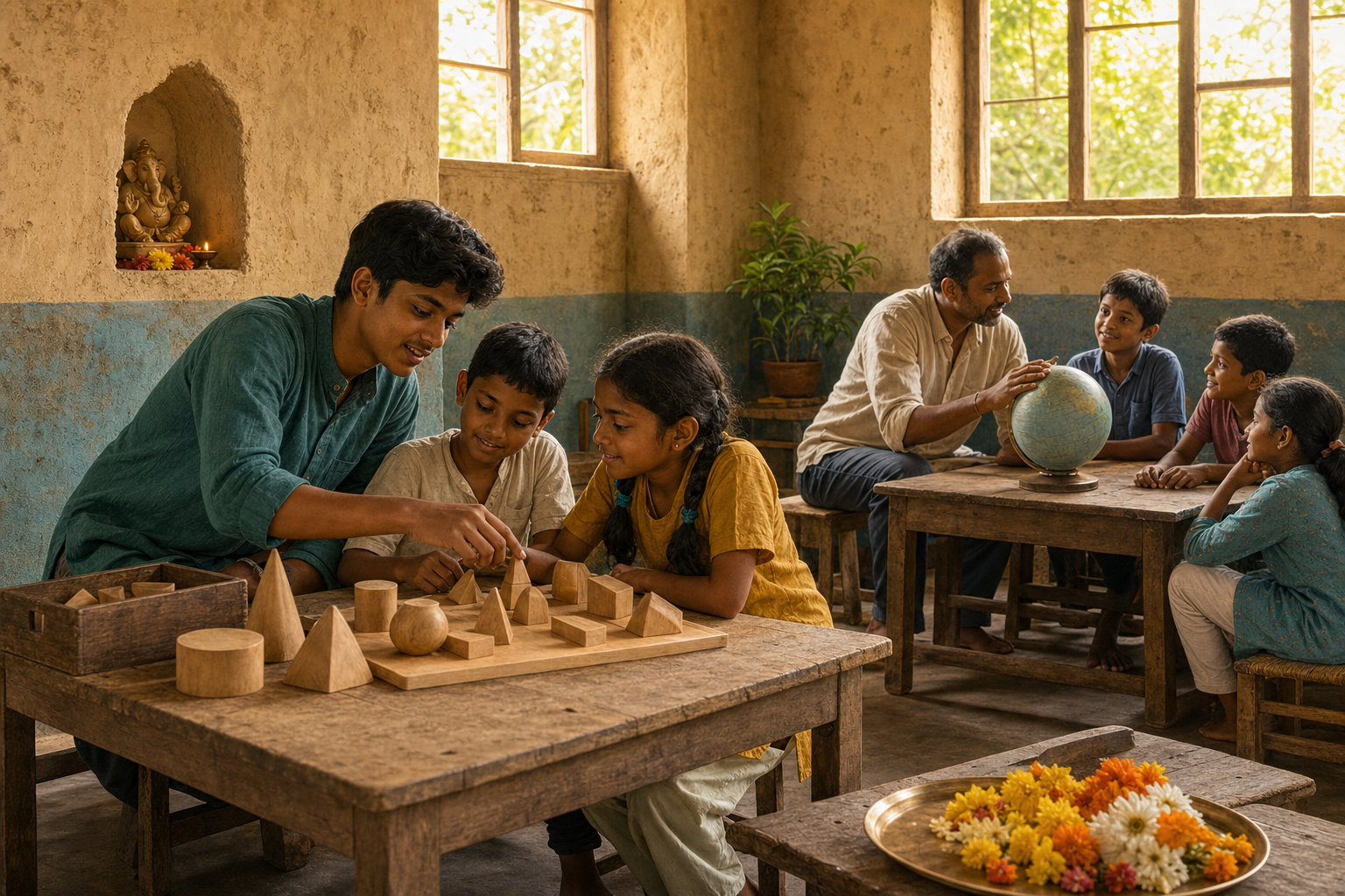 An older student helps two younger learners use wooden geometric shapes at a community study table, with other learners and a small Ganesha shrine in the background.