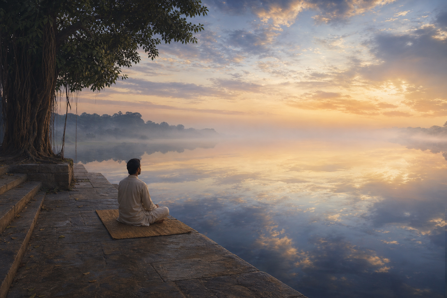 A person sits on a woven mat beside a still river at dawn, with the figure, sky, and banyan tree reflected in the water.