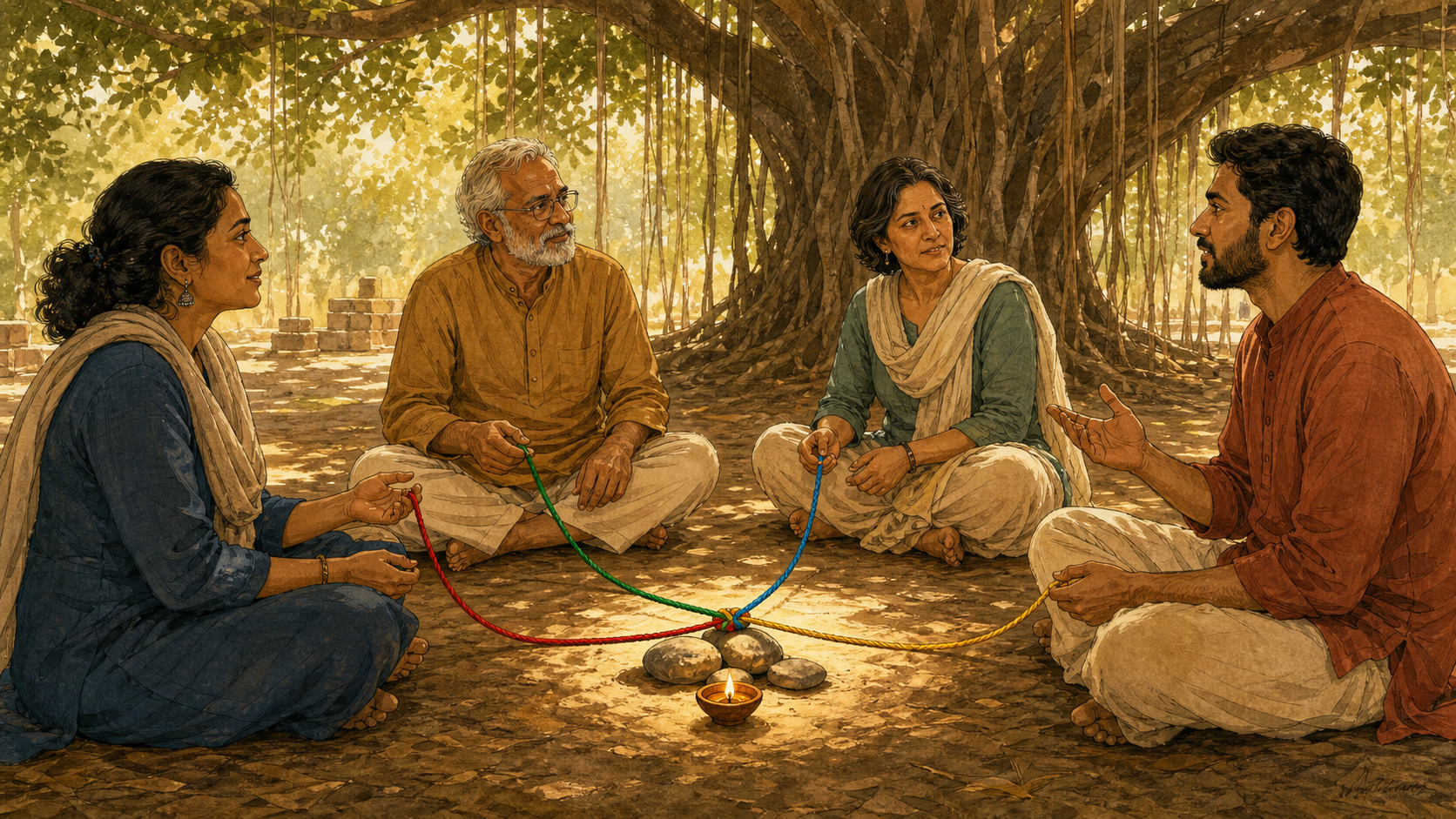 Four people converse beneath a banyan tree while differently colored threads meet around a lamp and several stones at the center.