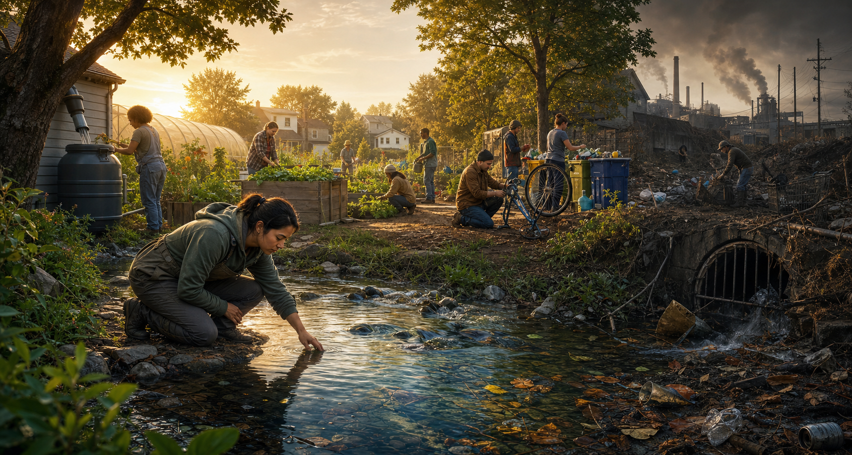 Residents garden, repair bicycles, collect rainwater, and sort reusable materials beside a stream, while a neglected drain and dumped waste remain visible in the background.