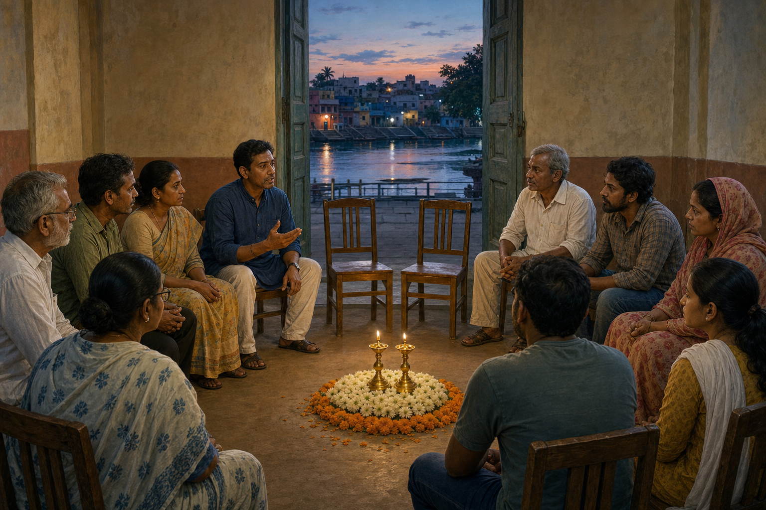 Residents sit in a calm discussion circle around two oil lamps and flowers in a community hall, with two empty chairs beside the memorial.