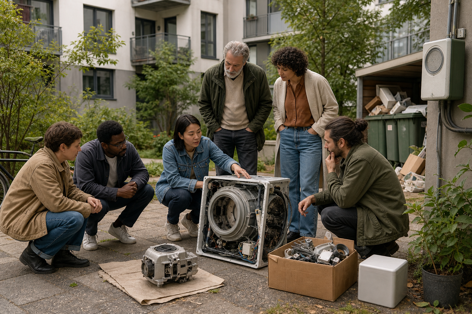 Neighbors examine a broken appliance, replacement parts, discarded components, and a shared waste area in an apartment courtyard.