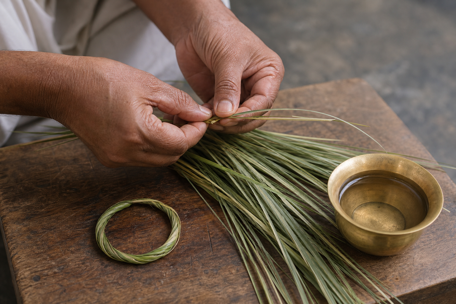 Hands carefully shape clean kusha grass into a small ring beside a finished grass ring and a brass bowl of water.