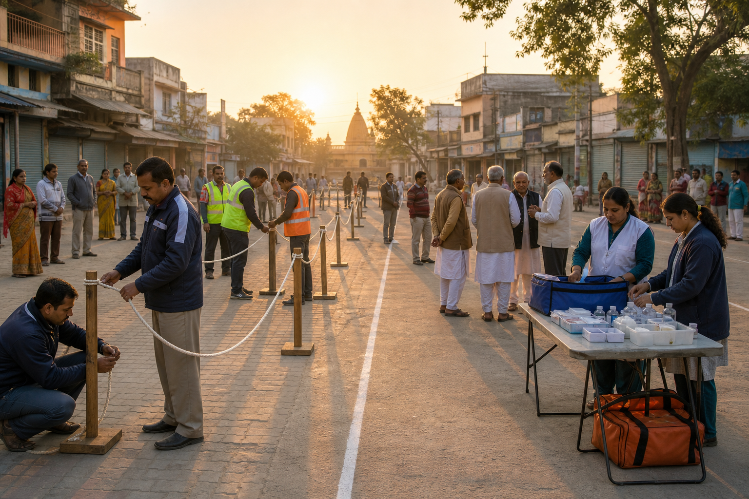 Officials, emergency workers, volunteers and community elders prepare barriers, a first-aid area and an open emergency lane in a quiet town square at sunrise.