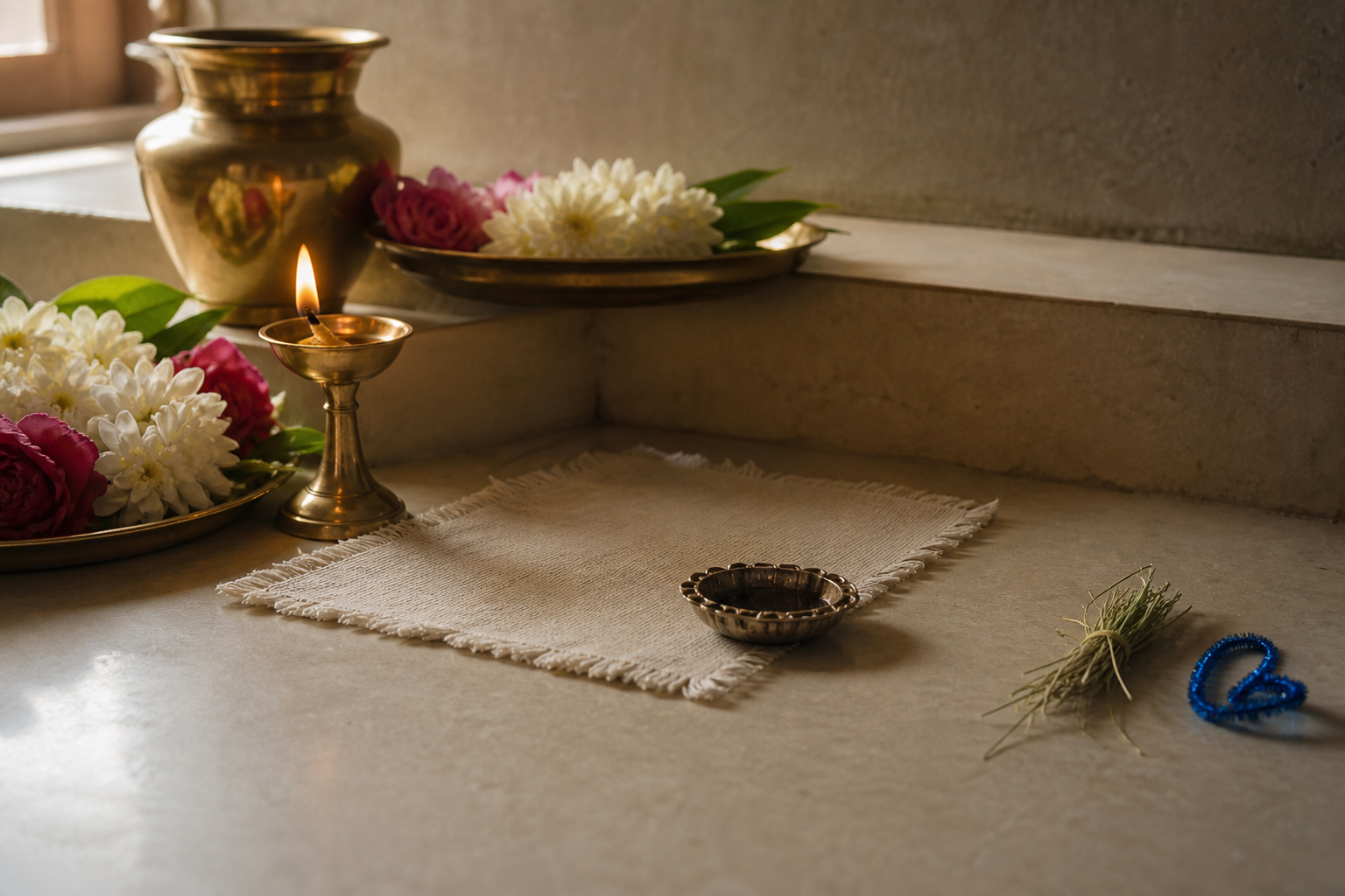 A prepared worship setting has an empty place for kusha grass, while ordinary fibers and craft materials remain separate and unused.