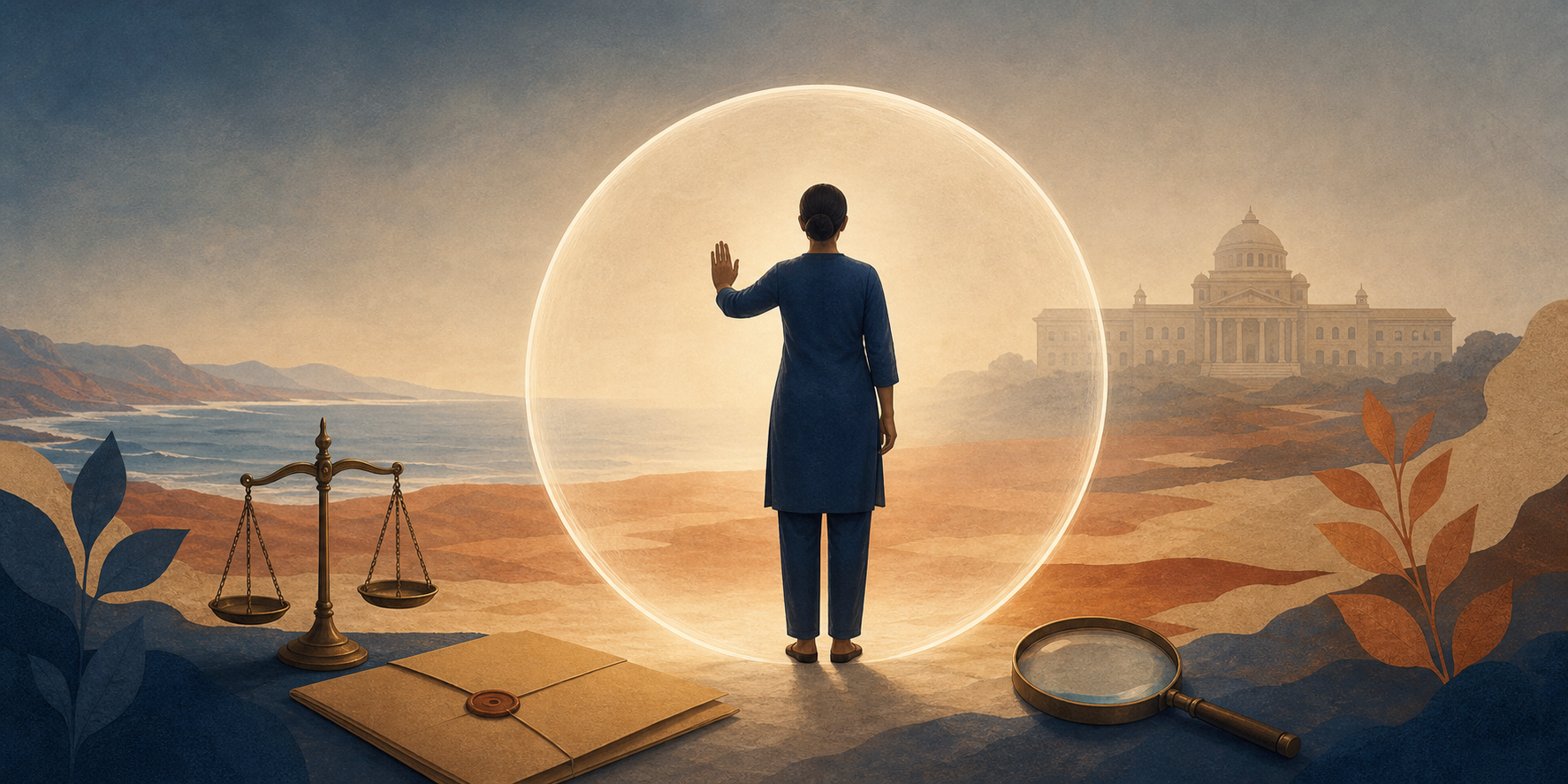 An anonymous clothed adult stands within a protective circle beside scales, a sealed folder, and a magnifying glass against an Andhra Pradesh-inspired landscape.