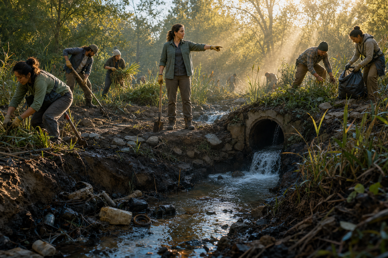 A coordinator guides volunteers restoring a riverbank as they clear a clogged culvert and uncover plastic waste, oily residue, and eroded soil.