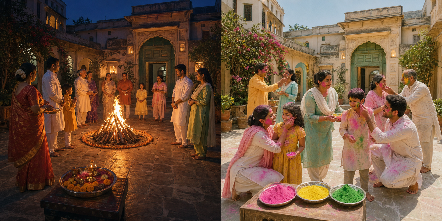 A split scene shows an evening Holika Dahan gathering beside a ritual fire and next-morning Holi color play in the same courtyard.