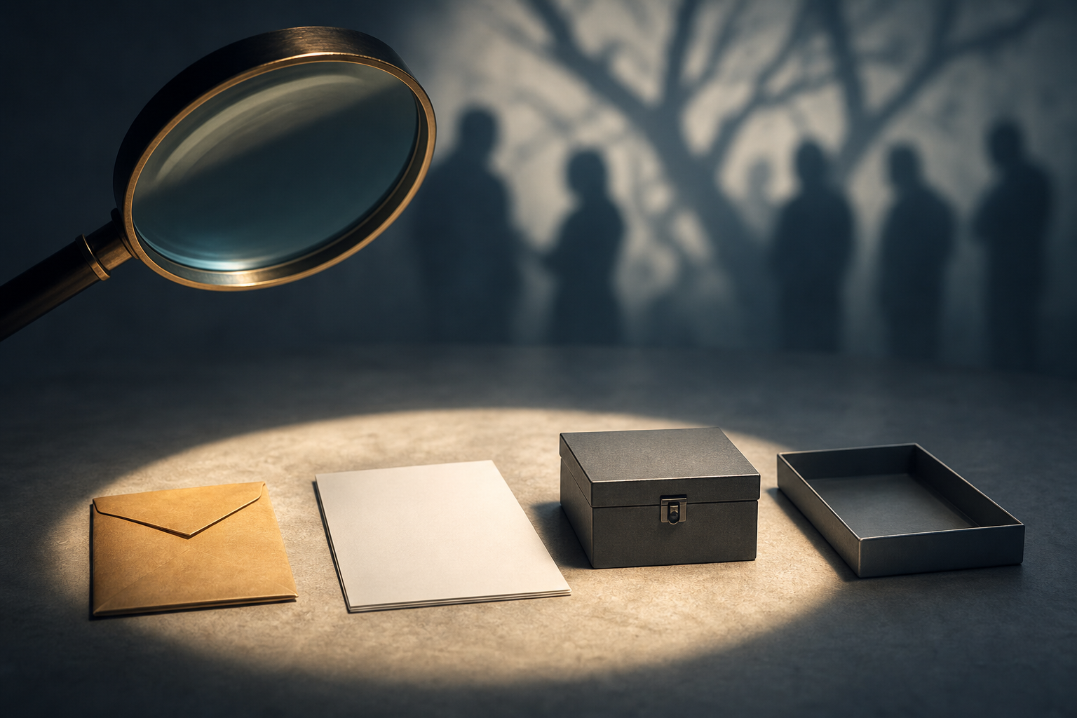 A magnifying glass illuminates sealed evidence objects while blurred silhouettes and branching shadows remain outside the clear area.