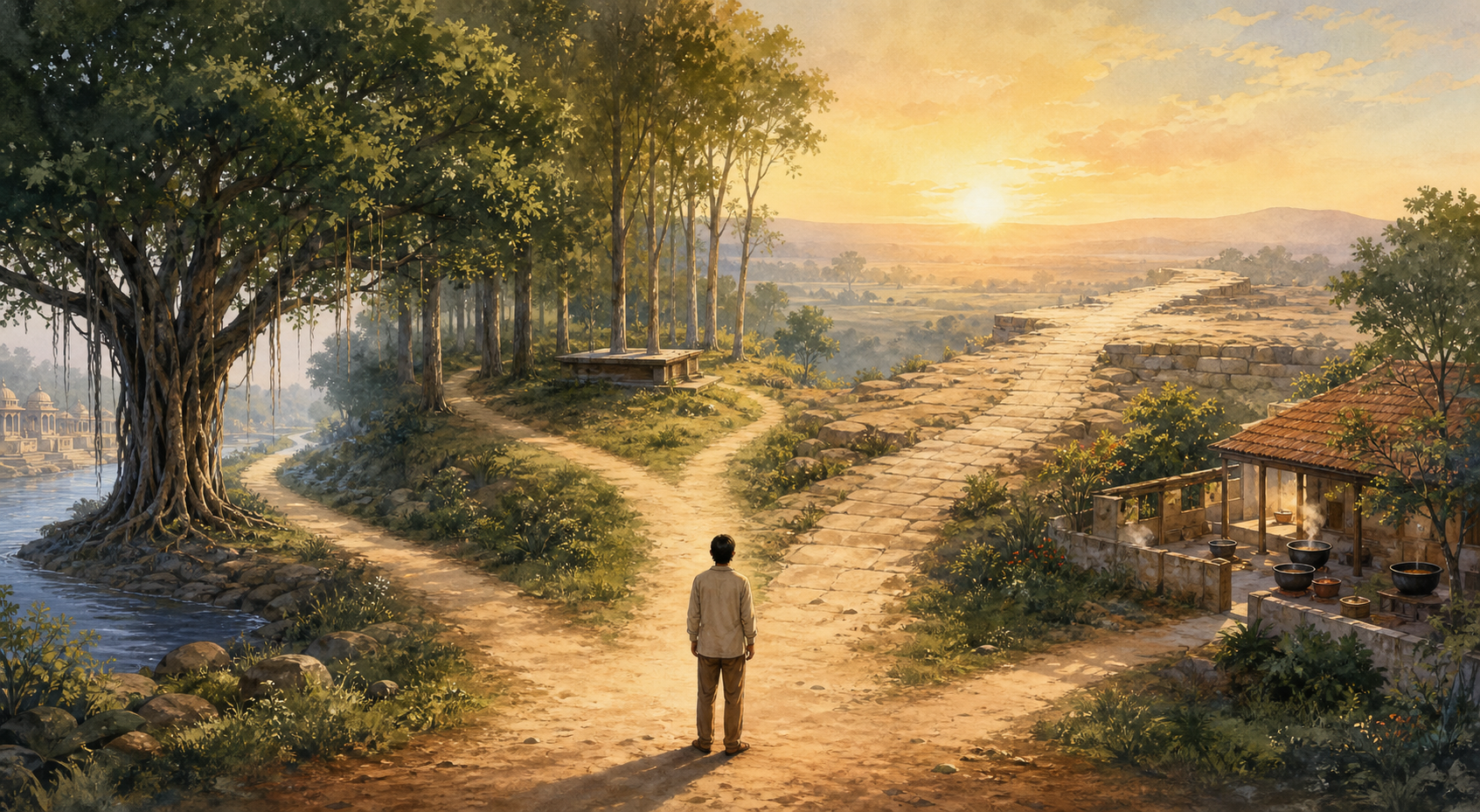 Four separate paths cross an Indian landscape toward a bright horizon as a traveler pauses at their shared junction.