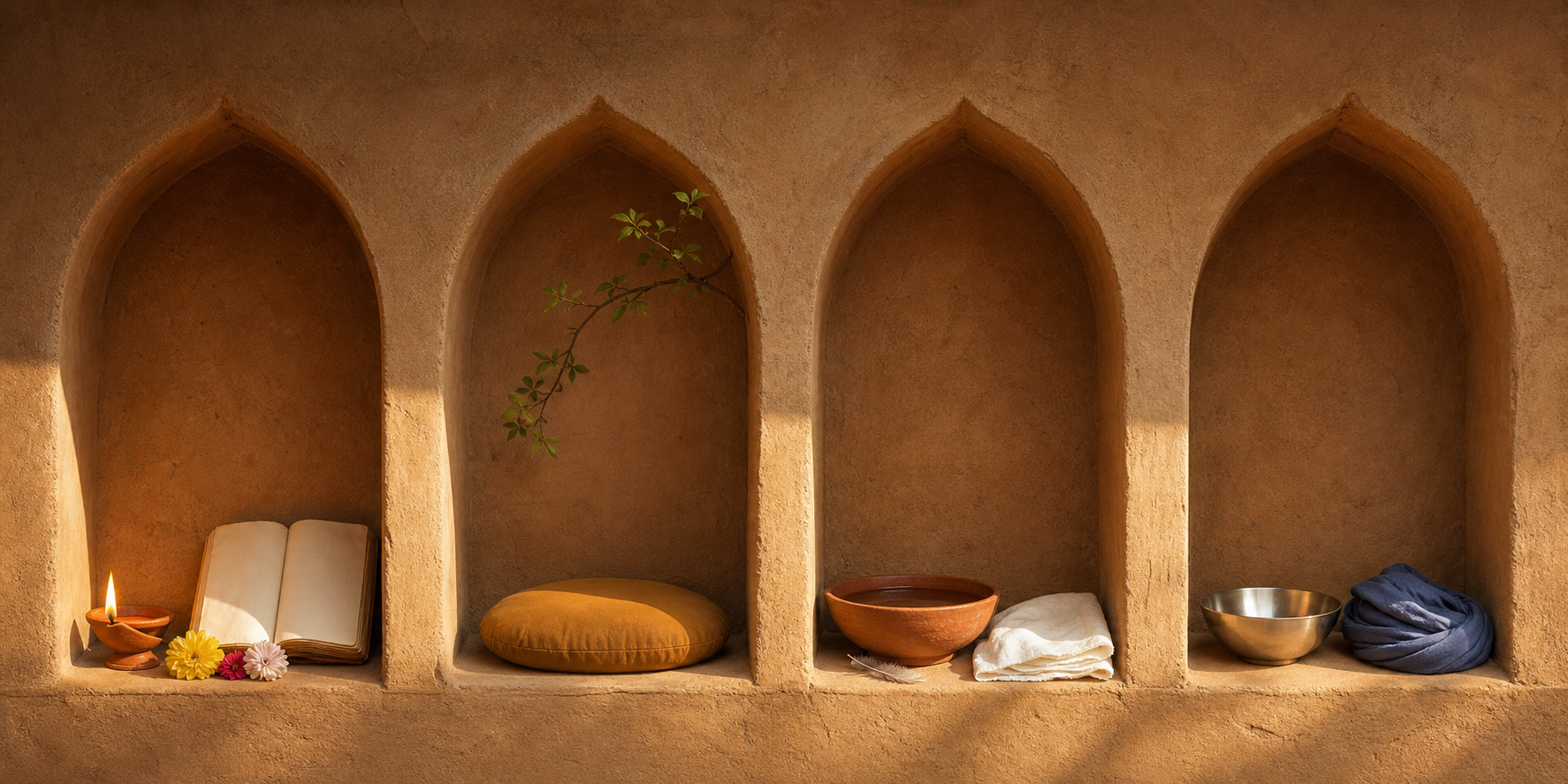 Four sandstone alcoves hold distinct practice objects linked by a continuous band of morning light.