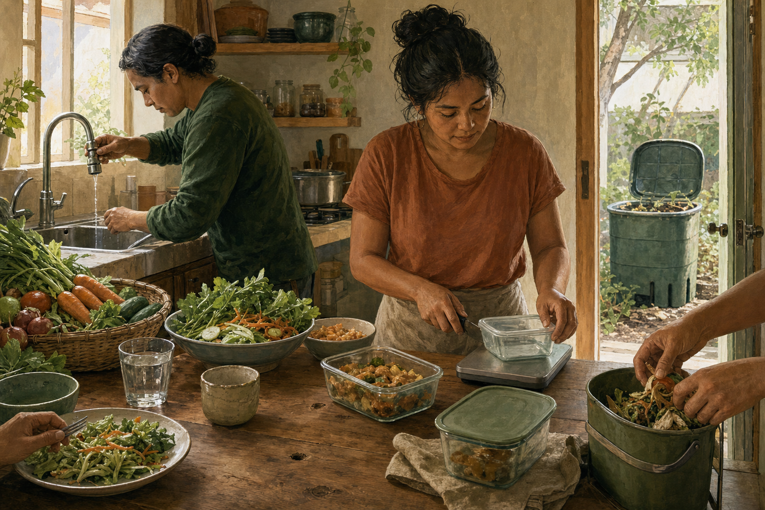 Two residents follow vegetables through washing, meal preparation, reusable storage, food-scrap collection, and an outdoor compost bin in a community kitchen.