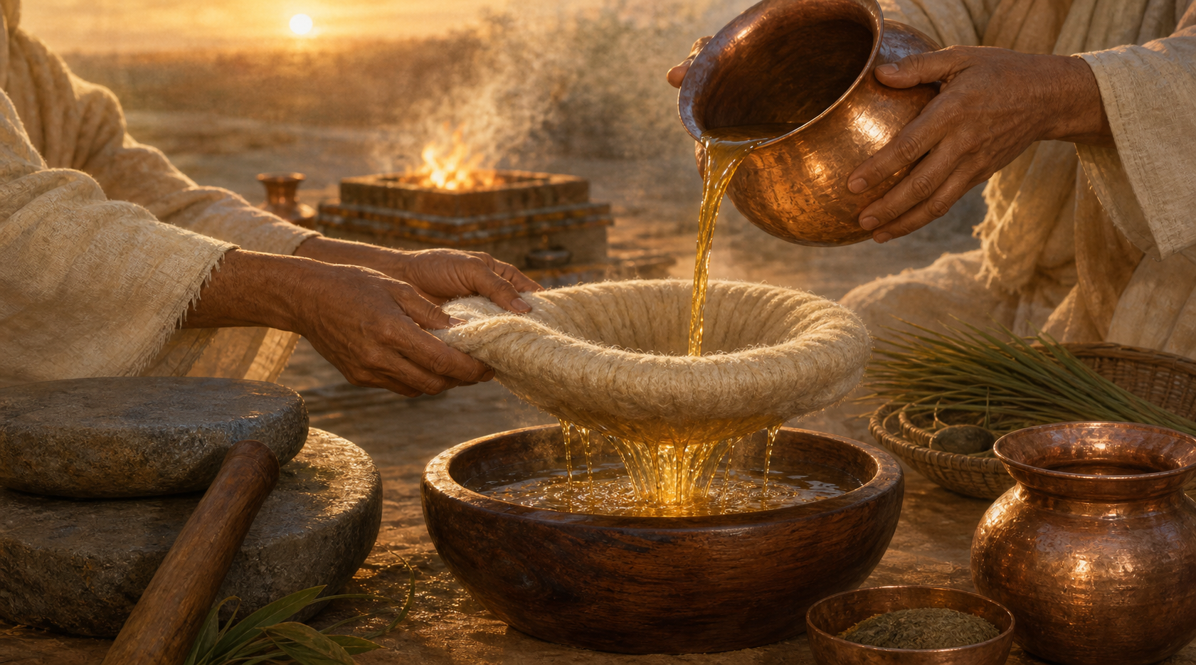 Golden liquid flows through a cream-colored wool filter into a wooden vessel beside a softly glowing Vedic ritual fire at dawn.