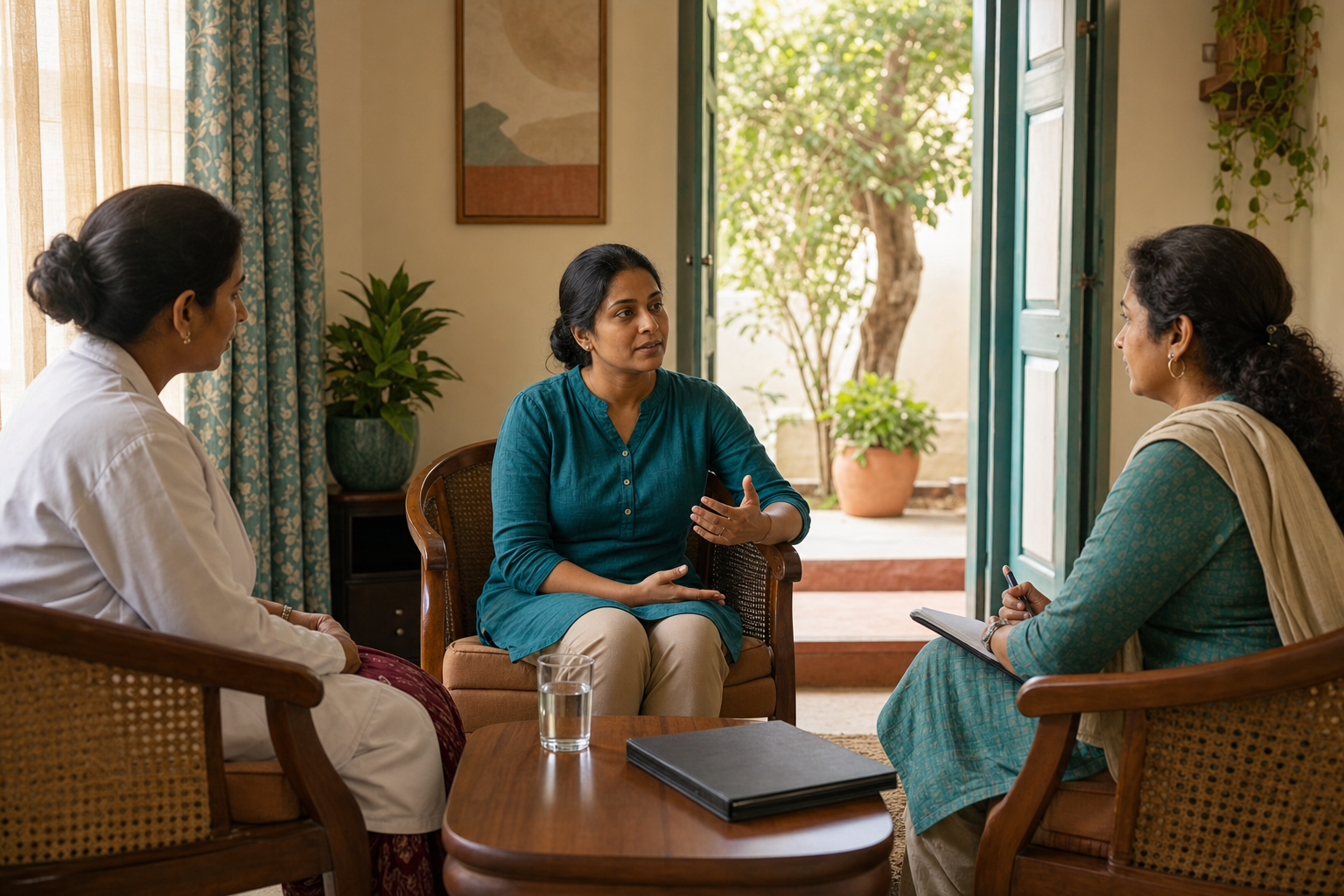 A clothed adult speaks privately with a healthcare professional and support worker in a calm consultation room.