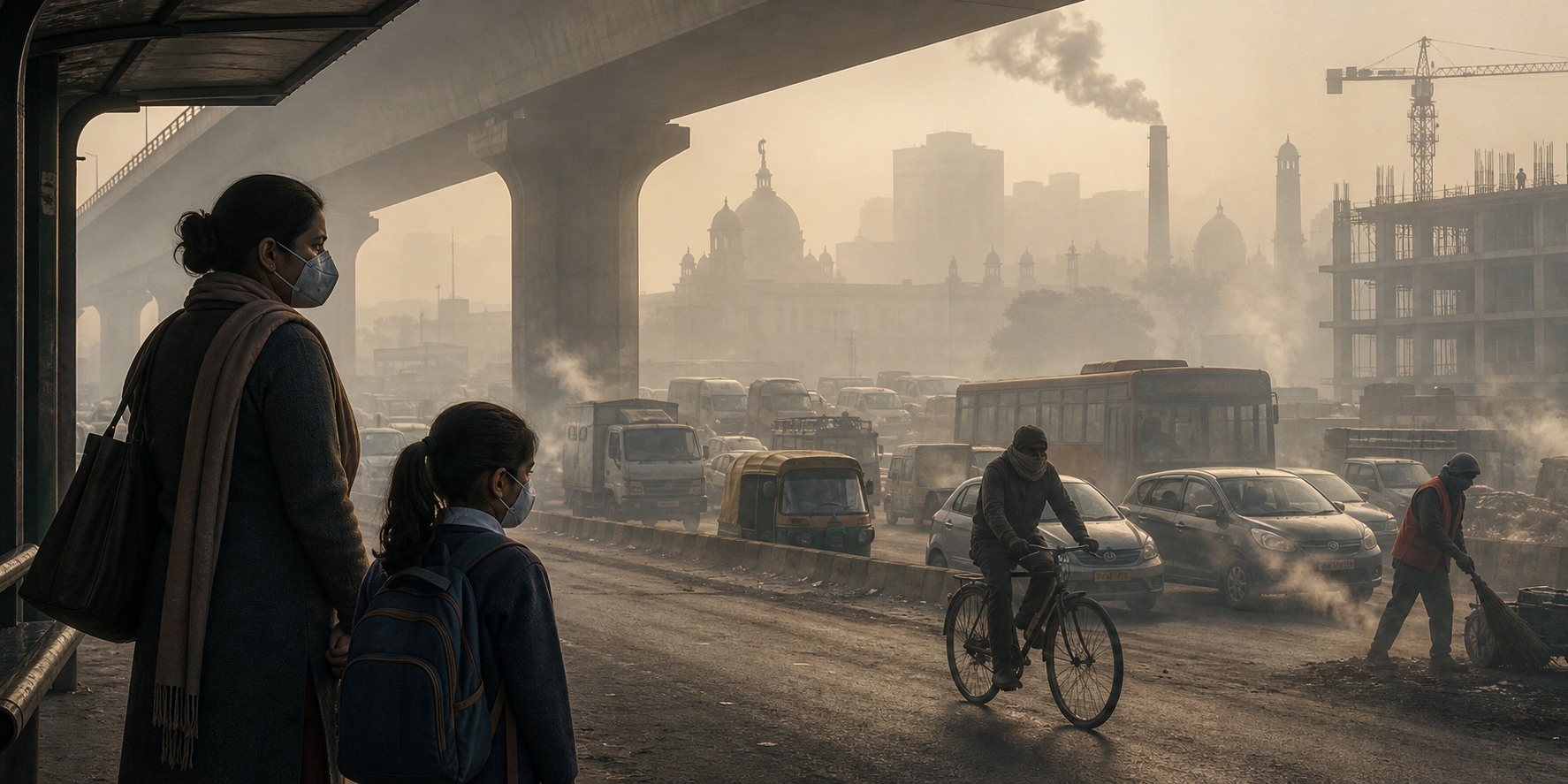 A parent and schoolchild wait near traffic as a cyclist and outdoor worker move through heavy winter smog on a Delhi street.