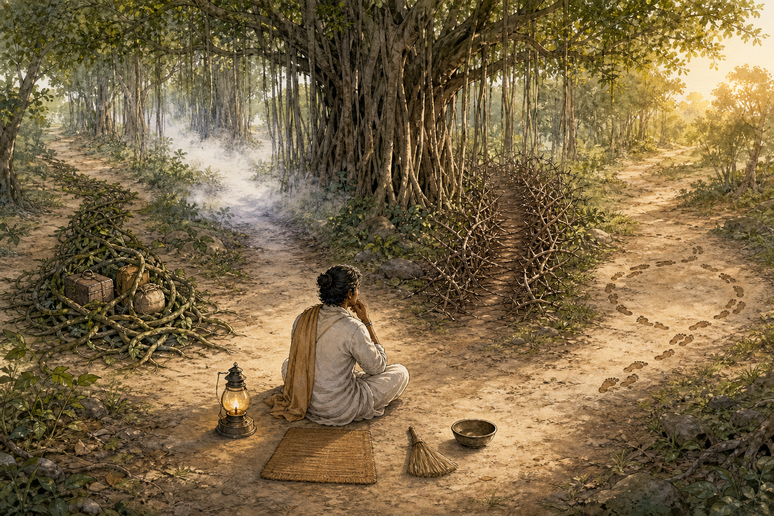 A seated traveler examines four forest paths blocked by vines, mist, thorns, and a circular trail of footprints.