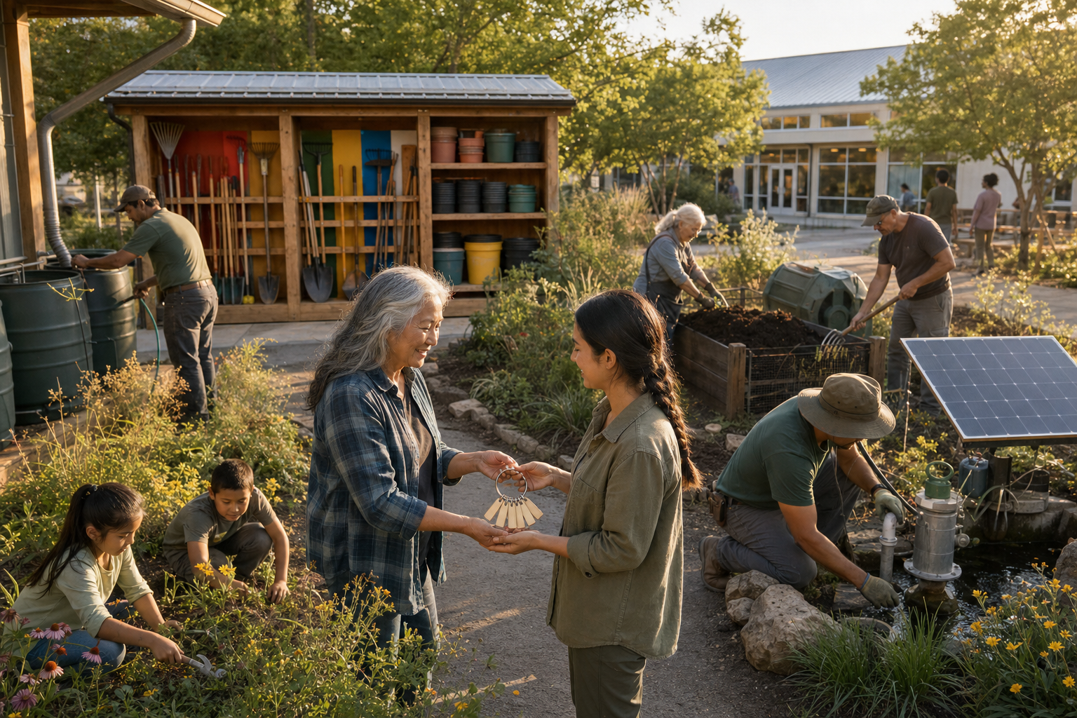 An outgoing garden organizer passes tool tags to a new caretaker while residents maintain rain barrels, native plants, compost, tools, and an irrigation pump.