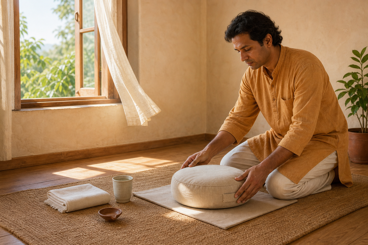 A person prepares a meditation cushion in a tidy sunlit room beside an open window, a clay lamp, and a cup of water.