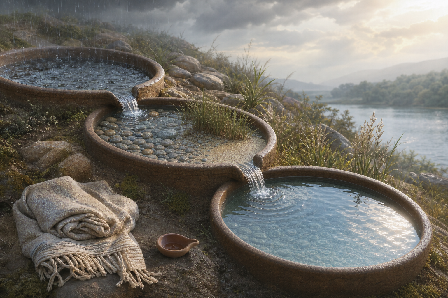 Water moves through three connected earthen basins containing stones, sand, and reeds before reaching a clear reflective pool.