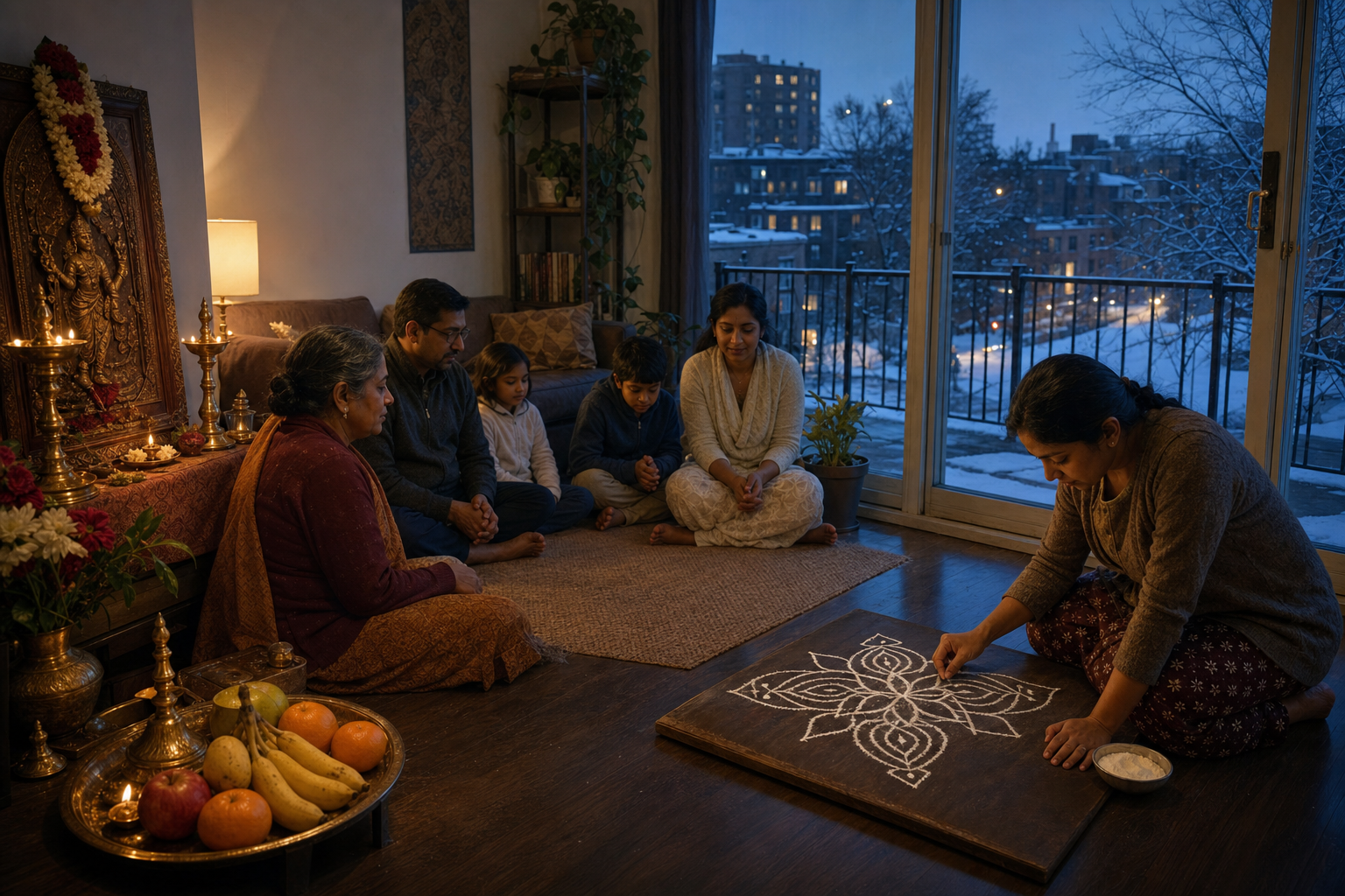 A Tamil family observes Margazhi before dawn in an apartment, with an oil lamp, flowers, and a rice-flour kolam beside a window overlooking a snowy street.