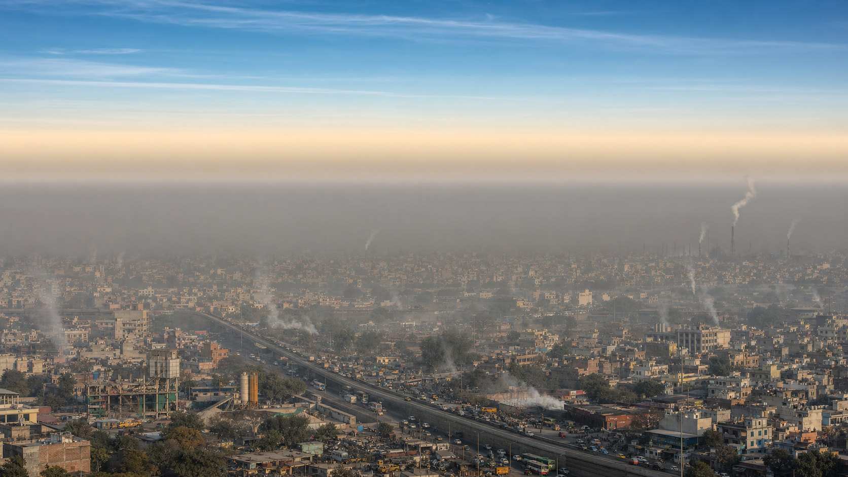 An urban cutaway shows traffic, construction, and industrial emissions trapped beneath a winter inversion layer, with clear blue sky above.