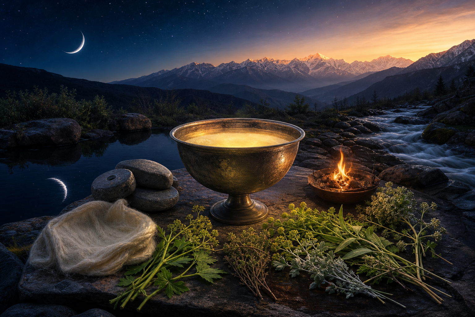 A golden liquid in a ritual vessel is surrounded by herbs, pressing stones, a wool filter, a small fire, a crescent reflection, and a mountain stream.