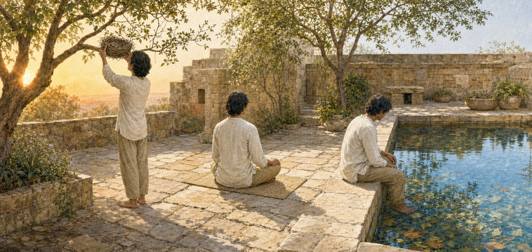 One person cares for a fallen nest, meditates in a courtyard, and looks into a clear reflecting pool.