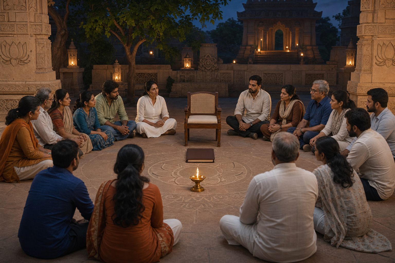 A calm group of adults gathers around a brass lamp and a closed file in a stone courtyard, listening with serious expressions.