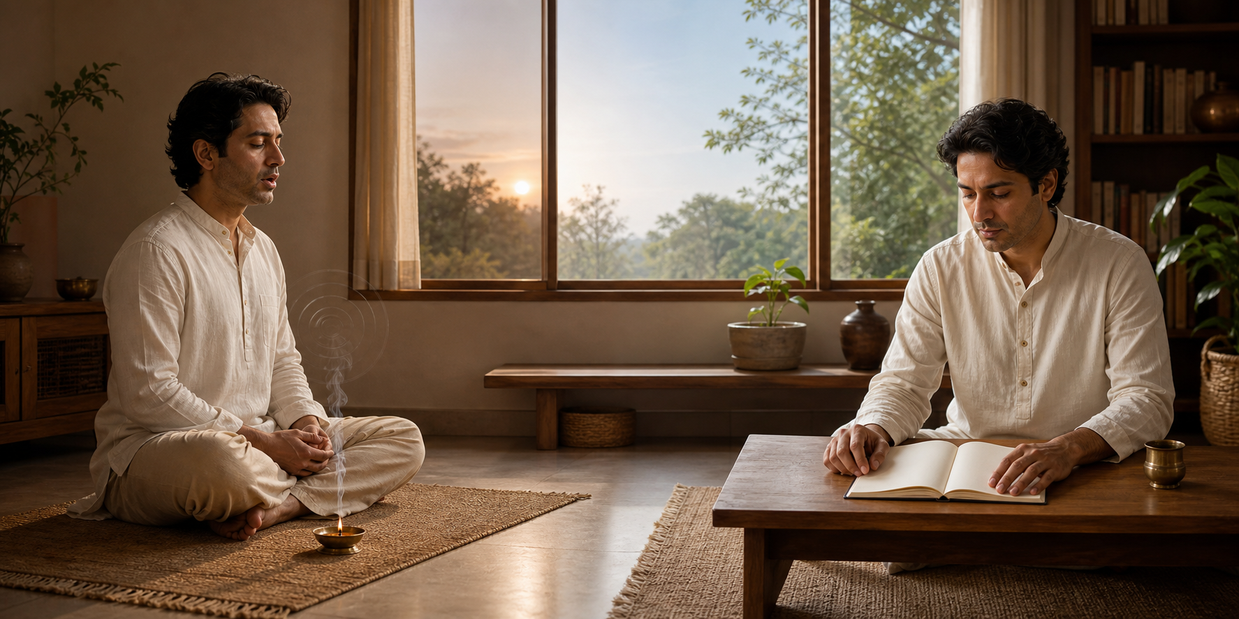 A seated practitioner recites beside an oil lamp in one part of a room and later reflects over a blank notebook at a low desk.