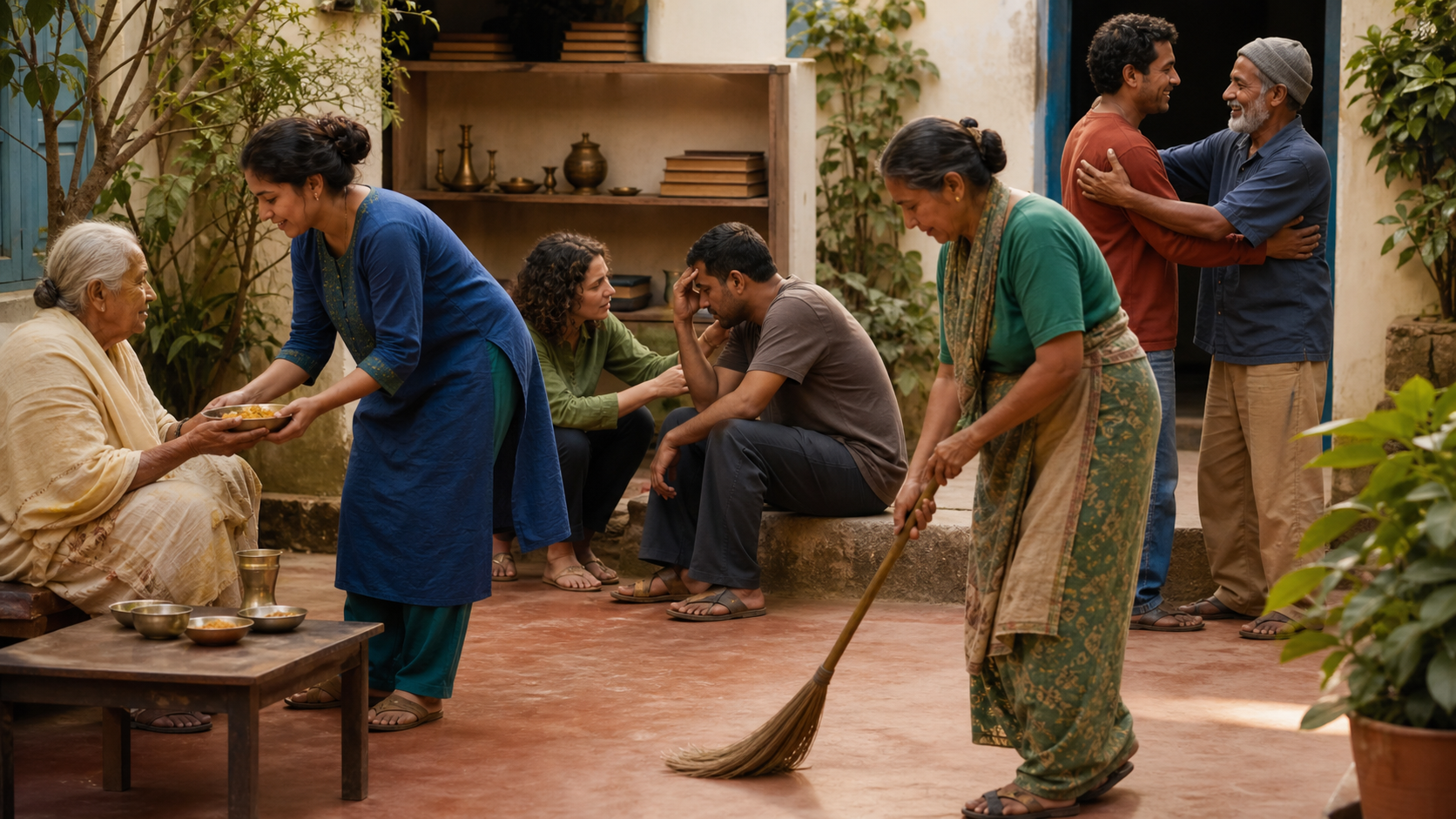 People in a courtyard serve food, listen to a neighbor, clean the shared space, and reconcile peacefully.